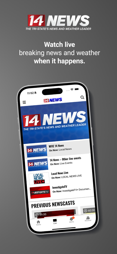 Smartphone displaying the 14 NEWS WFIE app with options for live breaking news and local weather updates for the Tri-State area.