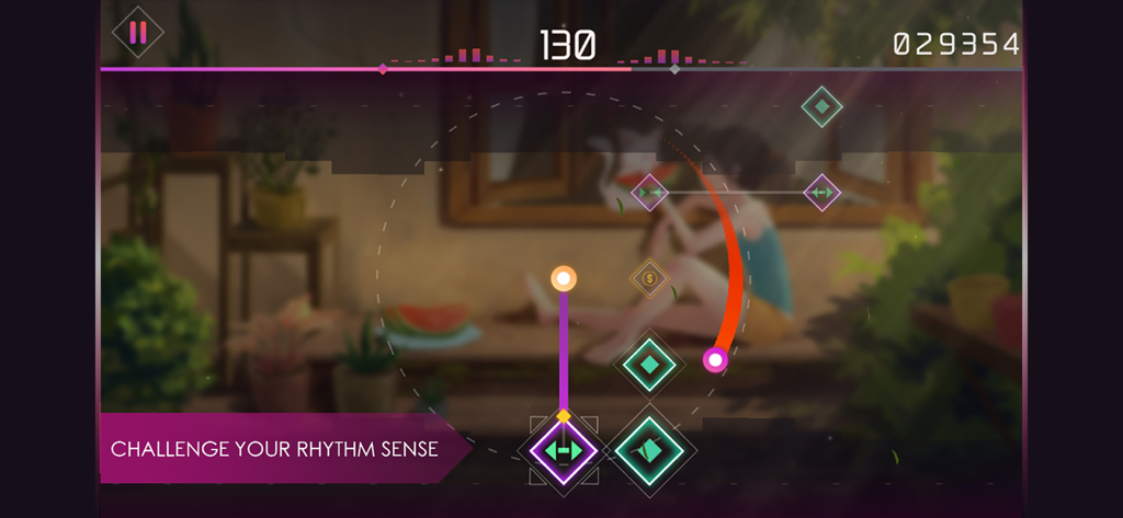 Beat Tiles: Rhythmatic tap - Beat Tilesのゲームプレイ画面。ローファイなイラストの背景の上にネオンアイコンが表示されている