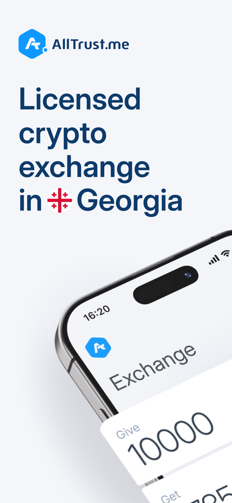 Pantalla de inicio de la aplicación móvil AllTrust.me destacando su estatus como exchange de criptomonedas con licencia en Georgia con una interfaz de smartphone.