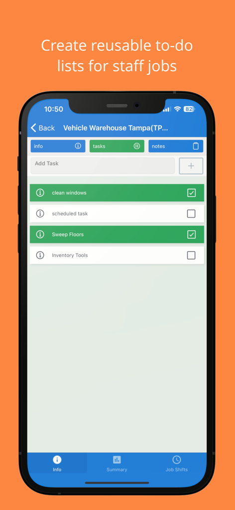 Interface of SINC app showing a staff to-do list for job management