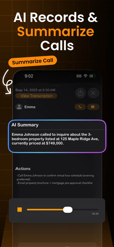 Temp Number - Temphone - Temphone App-Oberfläche, die eine KI-generierte Anruferfassung und Aktionspunkte für eine geschäftliche Anfrage anzeigt.