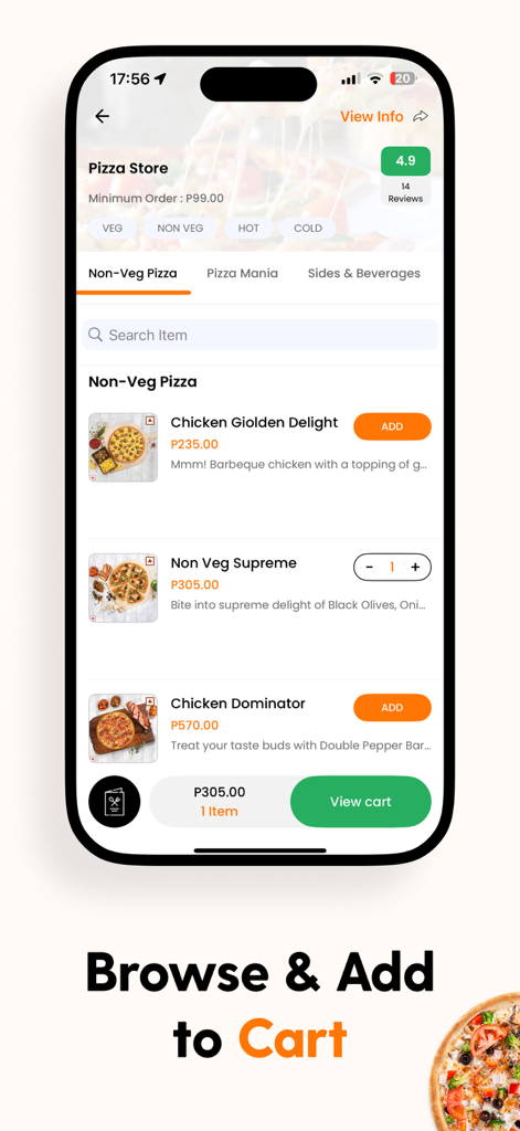Wanzy - Wanzy app interface showing a pizza restaurant menu with options to browse and add items to the cart