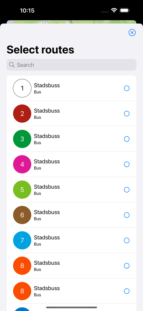 Interfaz para seleccionar rutas de autobuses urbanos en la aplicación UL live map
