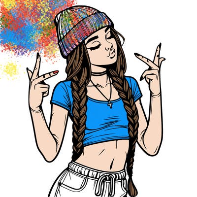 realistic teenage girl with braids and a beanie and crop top doing 🫶🏼