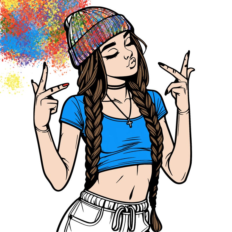 realistic teenage girl with braids and a beanie and crop top doing 🫶🏼