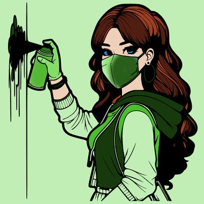realistic girl with mask spray painting a wall