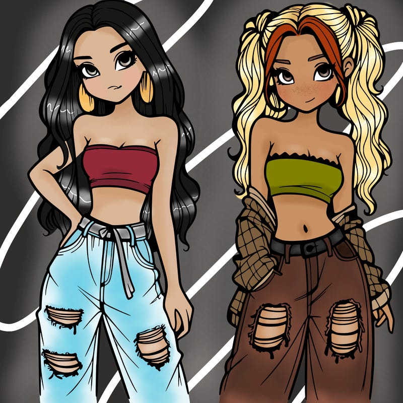2 girls in crop tops and baggy jeans ripped