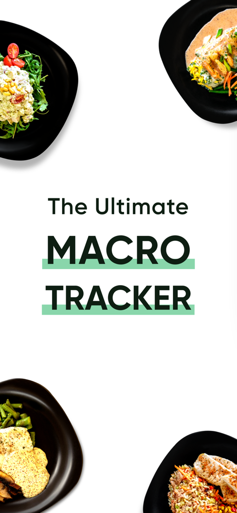 FitGenie app screen featuring the text The Ultimate Macro Tracker surrounded by healthy chef prepped meals on black plates