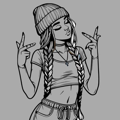 realistic teenage girl with braids and a beanie and crop top doing 🫶🏼