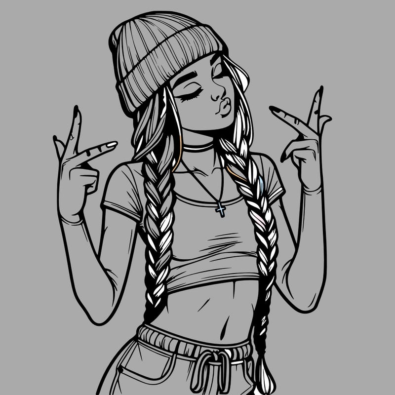 realistic teenage girl with braids and a beanie and crop top doing 🫶🏼
