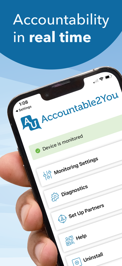 Accountable2You Monitoring - iPhone screen displaying the Accountable2You app interface with real time accountability monitoring status