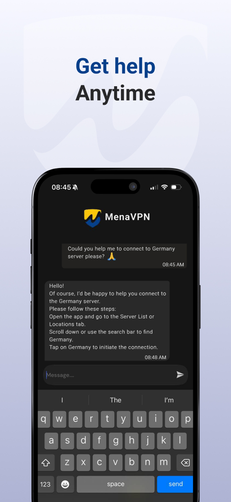 Mena VPN: UAE, KSA, Oman - Interfaz de chat de soporte al cliente dentro de la app Mena VPN en un dispositivo móvil