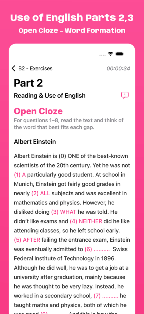 Interfaccia dell'app Cambridge B2 Exam Simulator che mostra un esercizio Open Cloze su Albert Einstein