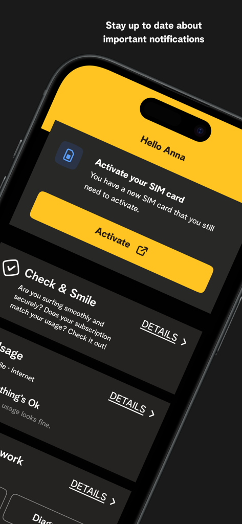 MyTelenet - MyTelenet mobile app interface showing a notification dashboard with prompts to activate a SIM card and check subscription status.