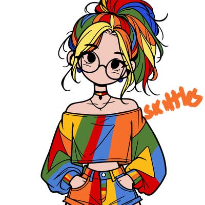 girl with a messy ponytail glasses a baggy crop top and jean shorts