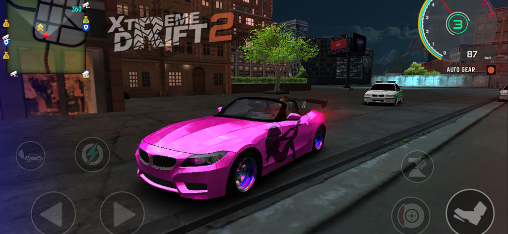 A customized pink sports car drifting in a city street in Xtreme Drift 2 mobile game