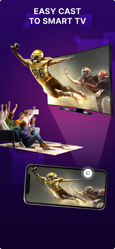 IPTV Player: Xtream, M3U, EPG - Un iPhone transmitiendo un partido de fútbol en vivo a un Smart TV con personas vitoreando