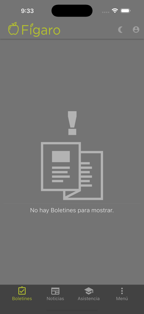Empty report cards screen in the Figaro school management app with a message stating no bulletins are available in Spanish.