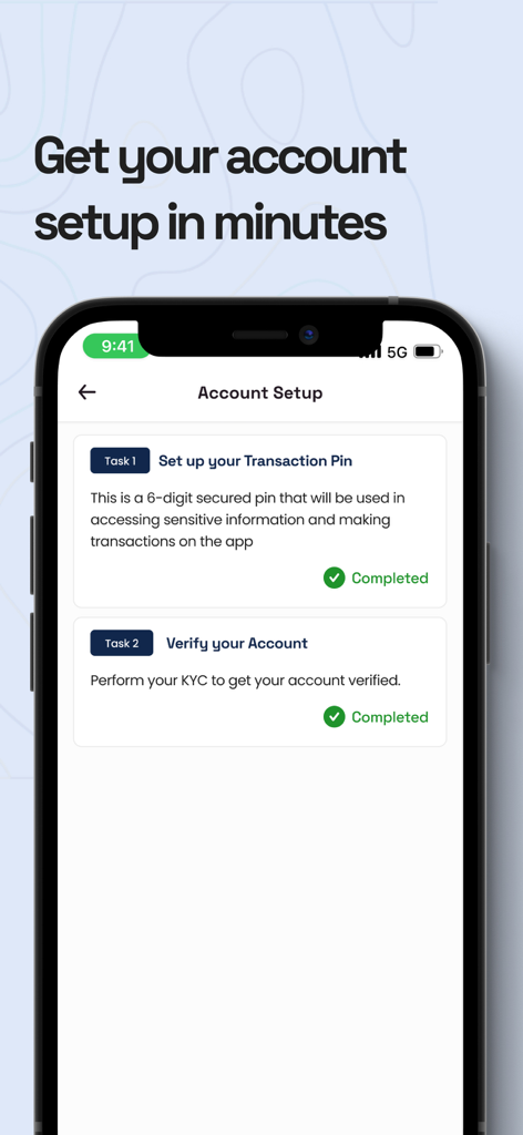 WATU Multipurpose Fintech App - Screenshot of the WATU fintech app showing completed account setup tasks for transaction pin and KYC verification.