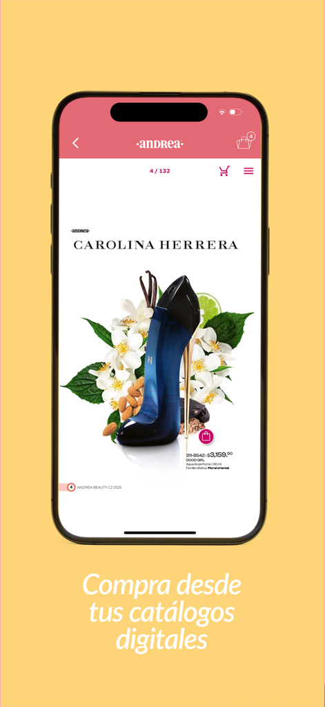 Andrea - Captura de pantalla del catálogo digital de la app Andrea que muestra la página de producto de un perfume de Carolina Herrera