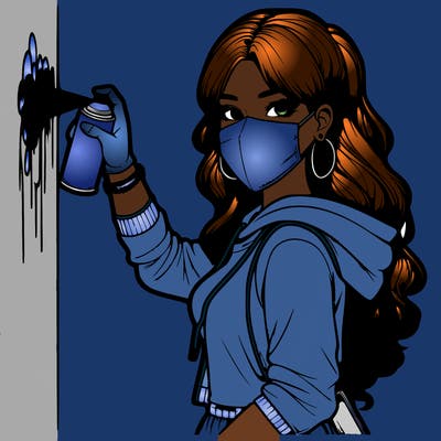 realistic girl with mask spray painting a wall