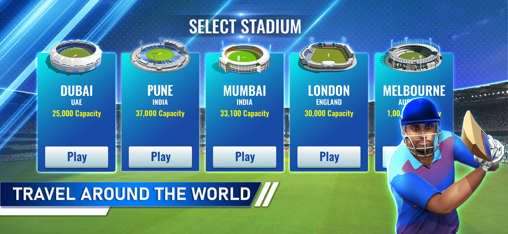 T20 Cricket Champions 3D - Pantalla de selección de estadio en T20 Cricket Champions 3D con ubicaciones internacionales como Dubái, Pune, Bombay, Londres y Melbourne