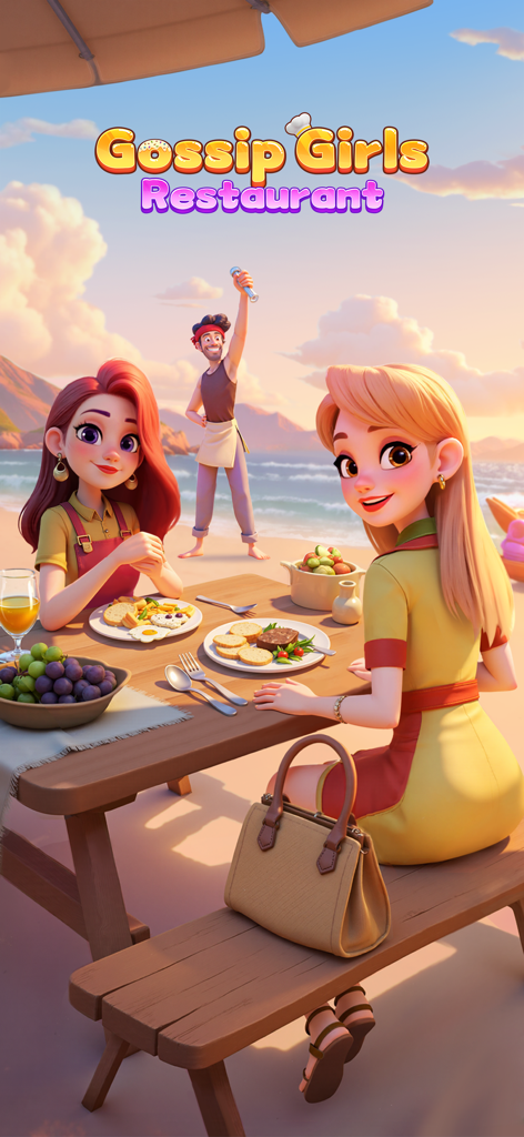 Two female characters having a meal at a beachside picnic table in Gossip Girls Restaurant