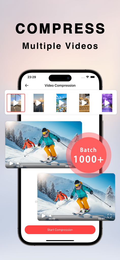 iPhone interface showing batch video compression for multiple files at once