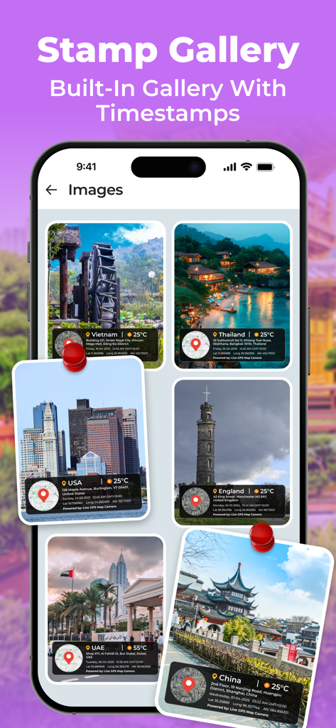Geotag Photos: GPS Map Camera - A smartphone screen showing the Stamp Gallery feature with multiple photos displaying GPS coordinates, maps, and timestamps from various global locations.