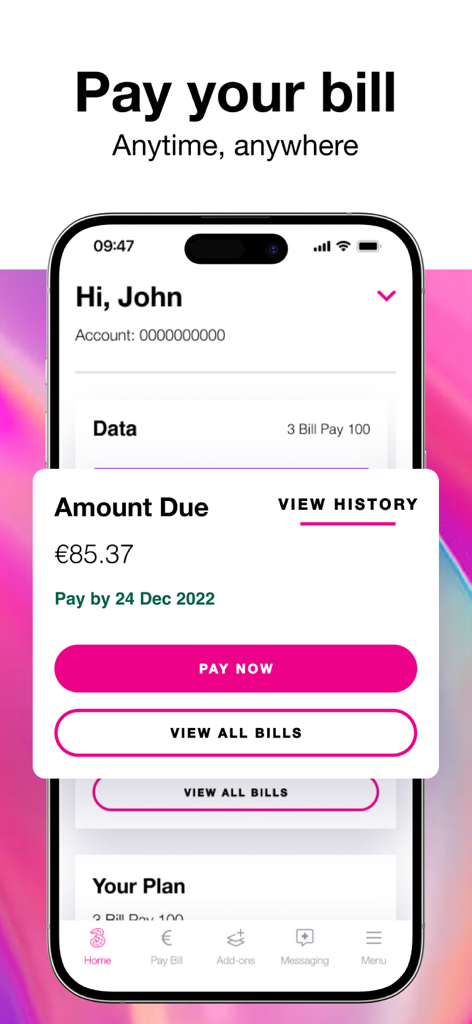 My3 Ireland app interface showing current bill amount due with a pink pay now button