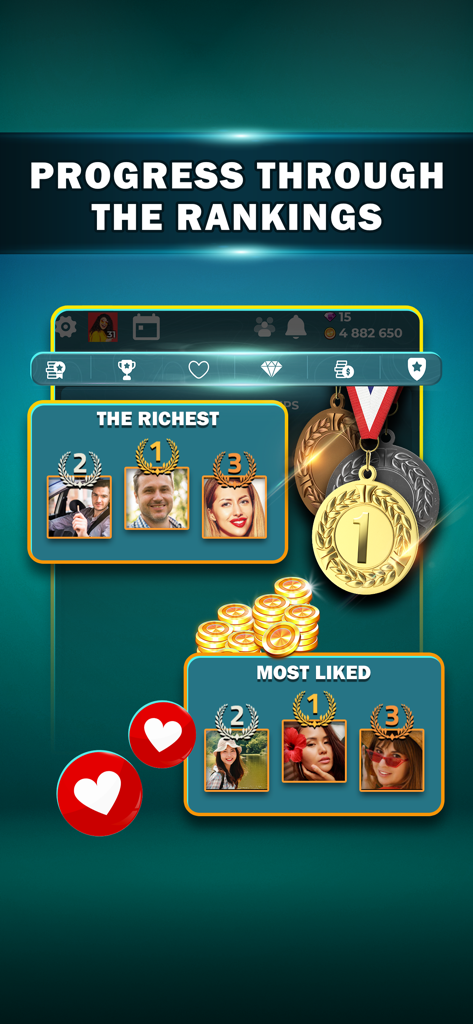 Pantalla de tabla de clasificación de VIP Tarot mostrando los jugadores más ricos y más queridos con medallas de ranking y fotos de perfil