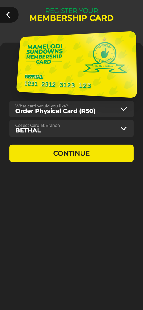 Mamelodi Sundowns Official App - Mobile app screen for registering and ordering a Mamelodi Sundowns physical membership card