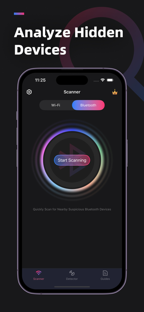 A smartphone screen showing the bluetooth scanner interface for detecting hidden devices