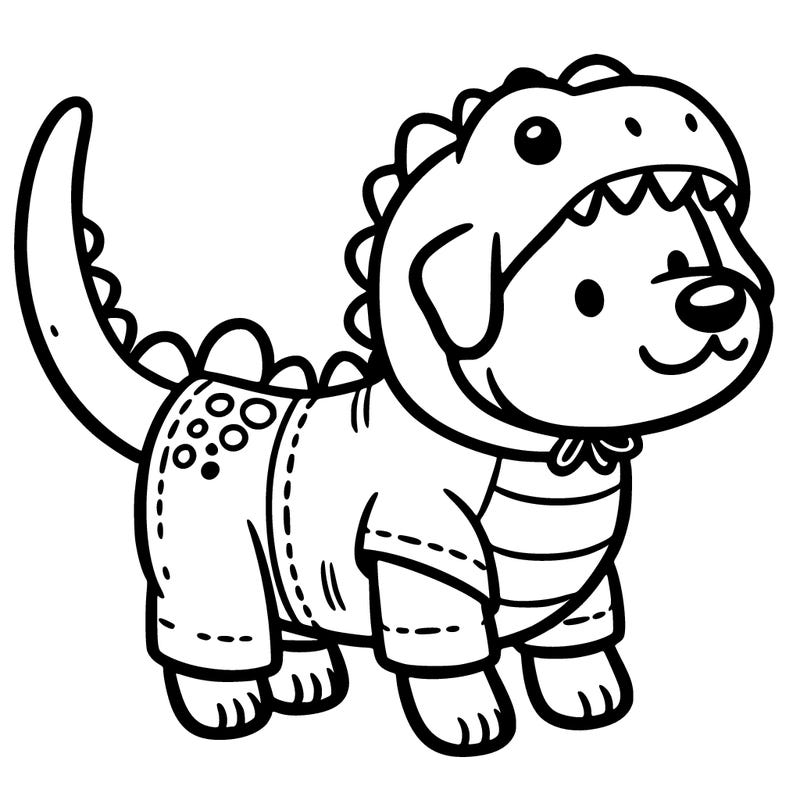 dog wearing a dino costume