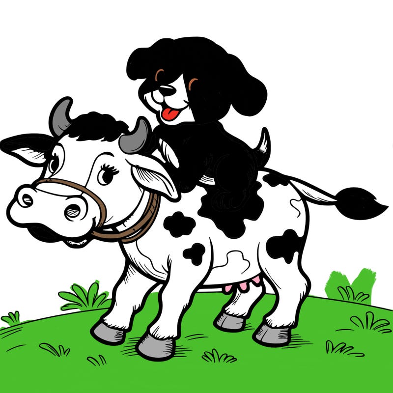 puppy riding a cow