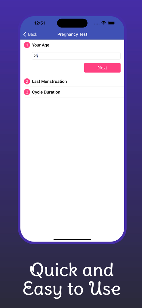 A smartphone screen displaying an easy to use pregnancy symptoms quiz asking for age and cycle information.