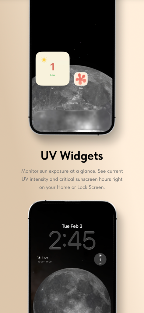 Iso - Widgets del iPhone en la pantalla de inicio y de bloqueo que muestran la intensidad UV en tiempo real para la protección solar