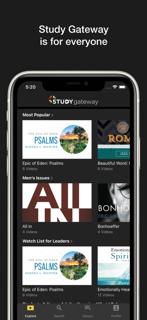 Study Gateway - Interface of Study Gateway app showing various video Bible study series and categories for Christian growth