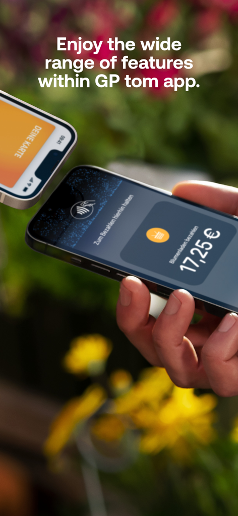 GP tom - Zwei iPhones schließen eine kontaktlose mobile Zahlungstransaktion mit der GP tom App ab.
