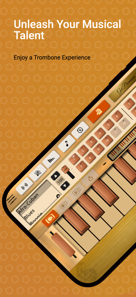 Trombone Sim - Trombone Sim app interface featuring a virtual musical instrument with style selections and playback controls