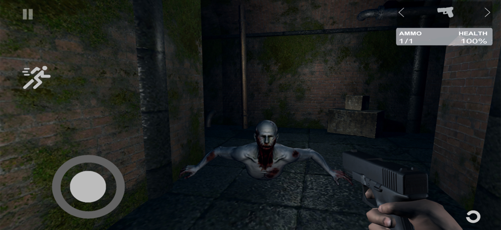 Jugabilidad de disparos en primera persona en Horror Hospital 2 que muestra una pistola apuntando a un monstruo arrastrándose en un pasillo oscuro