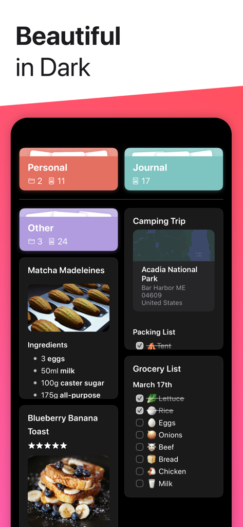 Interfaz en modo oscuro de la app Noto mostrando notas y carpetas organizadas