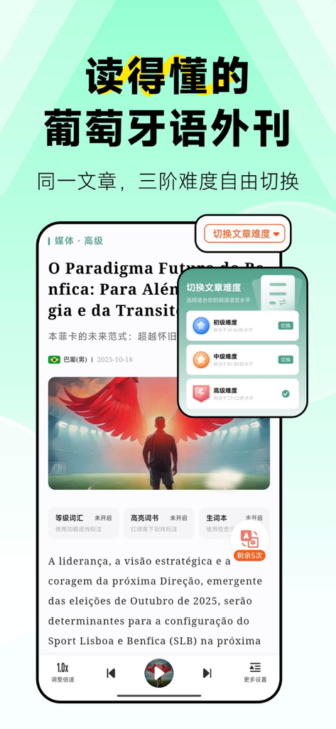 莱特葡萄牙语阅读应用界面，显示一篇新闻文章，并弹出一个菜单，允许在初级、中级和高级难度级别之间切换。