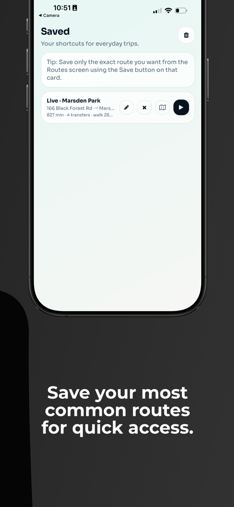 Melbourne Buss & Train Tracker - The Saved screen of the Melbourne Bus and Train Tracker app showing a shortcut for a common route to Marsden Park.