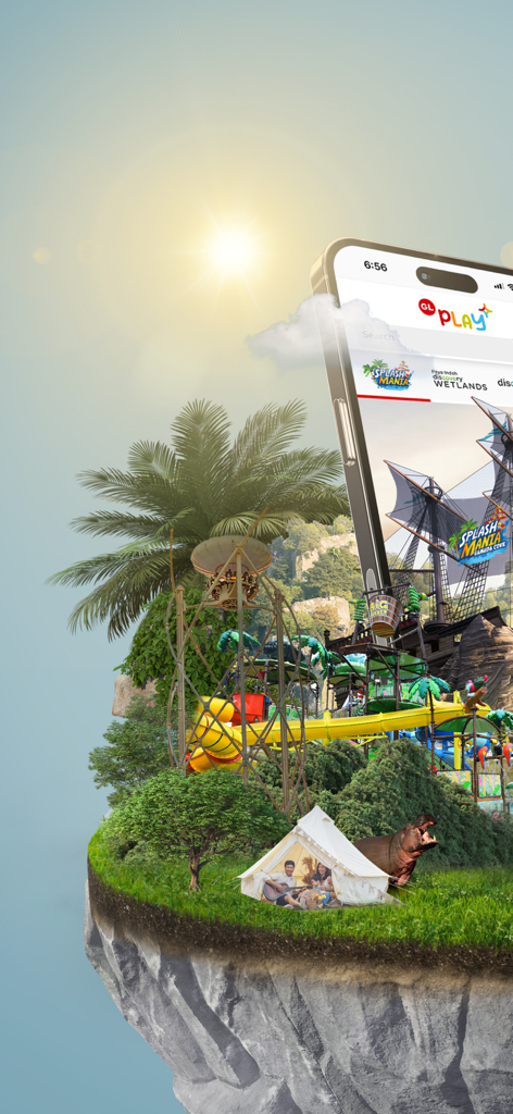 GL Play - Smartphone showing the GL Play app interface surrounded by a 3D landscape of water park slides, glamping tents, and wildlife
