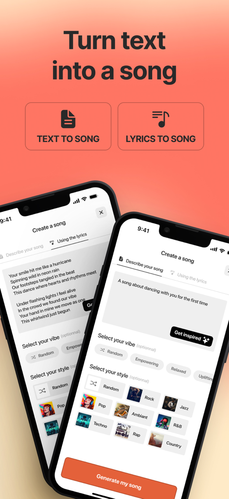 Captura de pantalla de la interfaz de la aplicación móvil SoundBox AI para crear música a partir de texto o letras