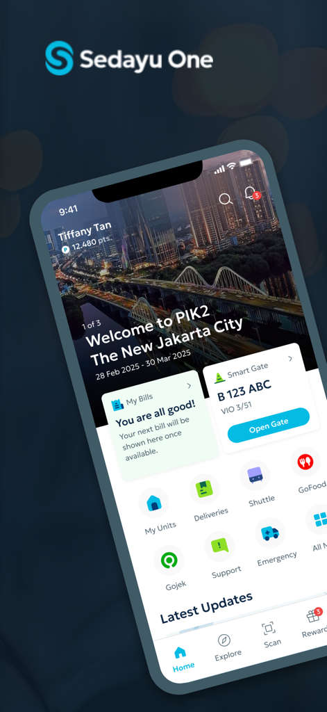 Sedayu One City - Sedayu One Cityアプリのホーム画面。ライフスタイルとプロパティ管理機能が表示されています。