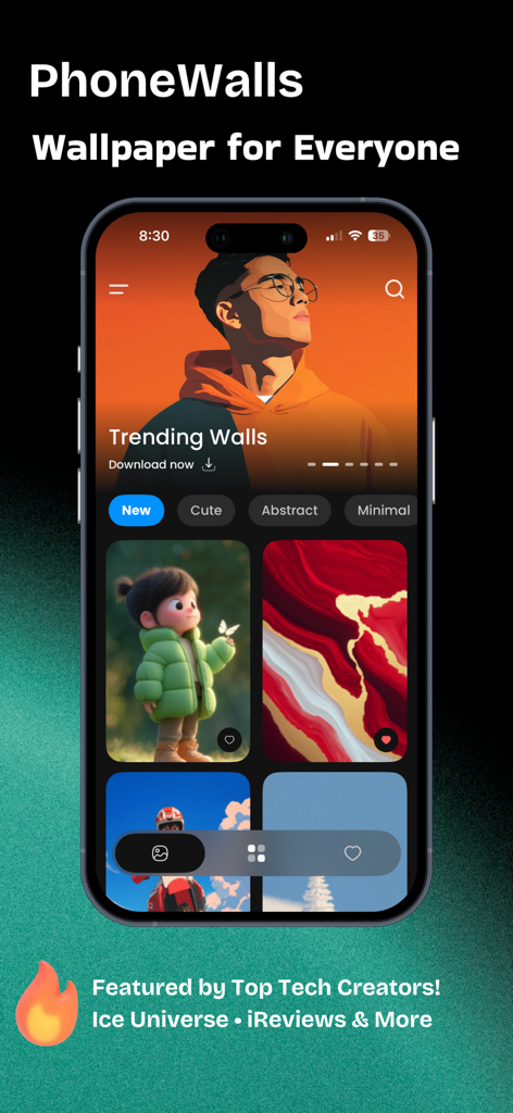 4K Wallpapers - PhoneWalls HD - Pantalla de inicio de la aplicación PhoneWalls que muestra fondos de pantalla 4K de tendencia y pestañas de categorías.