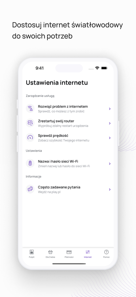 Interfaz de la aplicación Play24 para gestionar la configuración de internet y Wi-Fi del hogar