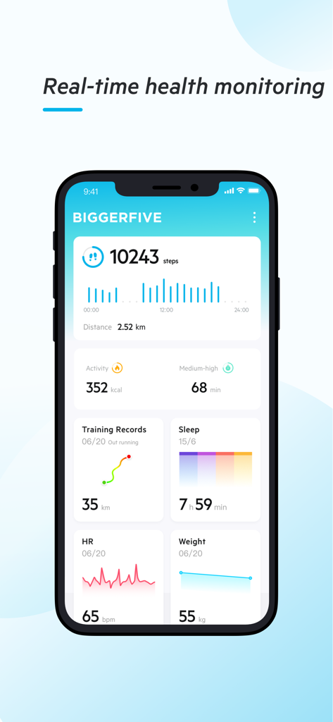 BIGGERFIVE - BIGGERFIVE app screen showing real time health monitoring with steps calories sleep and heart rate data